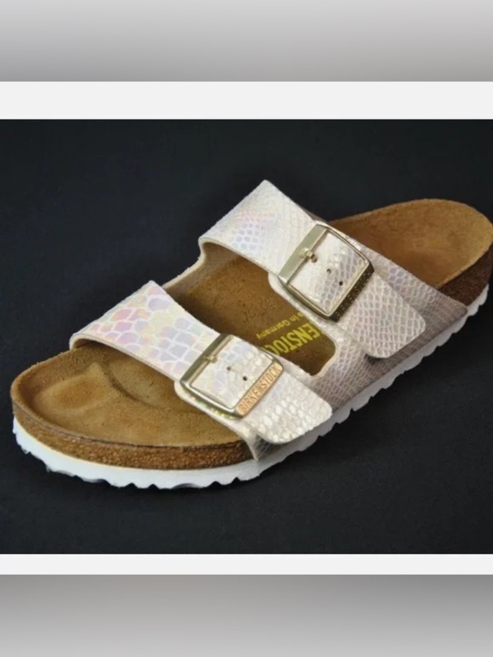 Birkenstock iridescent Snake-Print Two-Strap Sandal with Gold Buckles